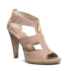 Michael Michael Kors Berkley T Strap Open Toe Suede Sandals Taupe zipper